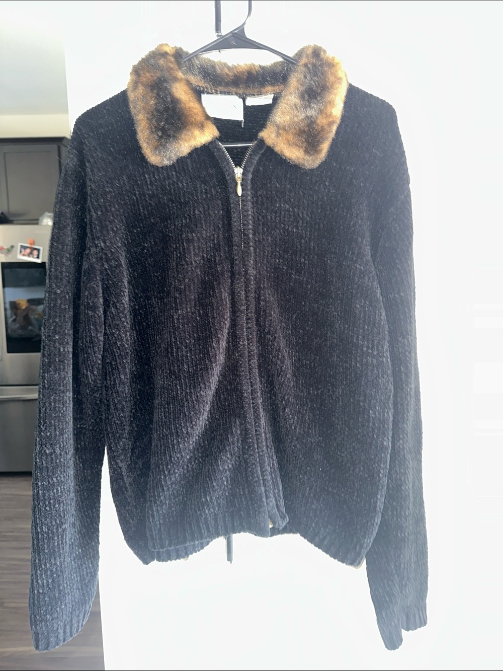Basic Editions Black Knit Zip Sweater with Brown Faux Fur Collar